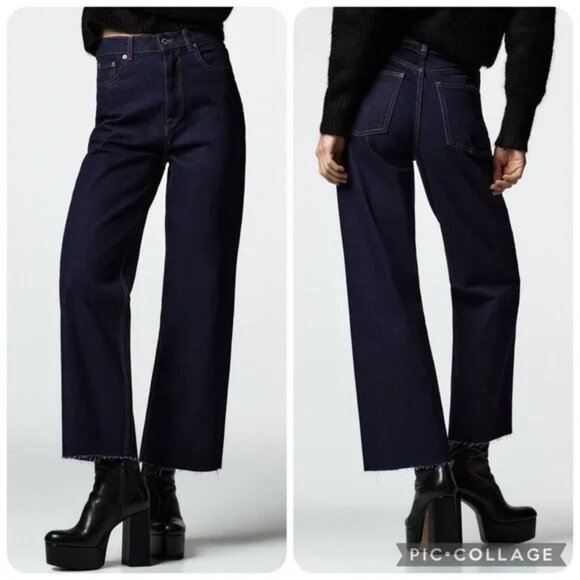 Zara Cropped 90s Jeans 2 High Rise Waist Raw Frayed Hem Dark Wash Blue Denim NEW - Picture 2 of 12